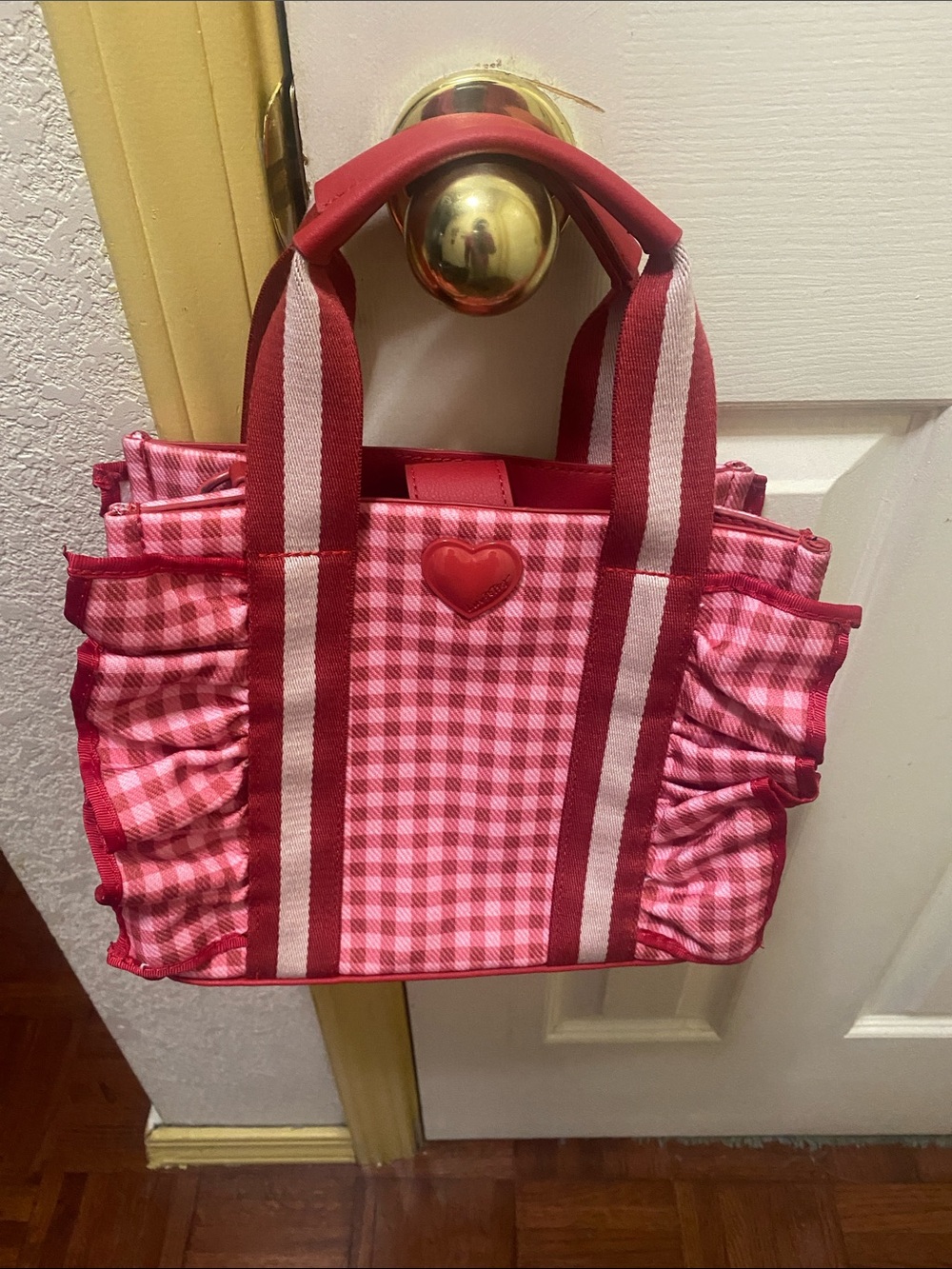 Betsey Johnson Pink Gingham Tote with Heart Accent